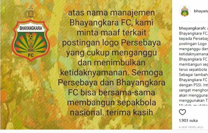 Bhayangkara FC Bhayangkara FC telah meminta maaf ke pihak klub Liga 1 Indonesia, Persebaya Surabaya. Mereka juga minta maaf pada para bonek.