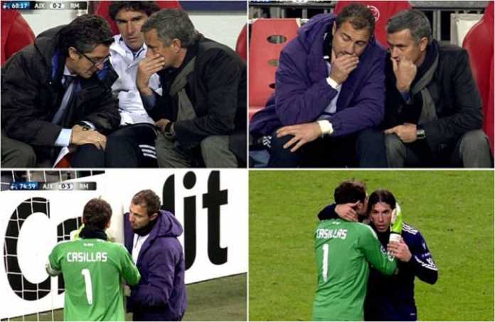 Real Madrid, Ajax, Sergio Ramos, Iker Casillas, Jose Mourinho Manajer Real Madrid Jose Mourinho tampak merancang kartu merah bagi Sergio Ramos dan Xabi Alonso pada laga Liga Champions melawan Ajax.