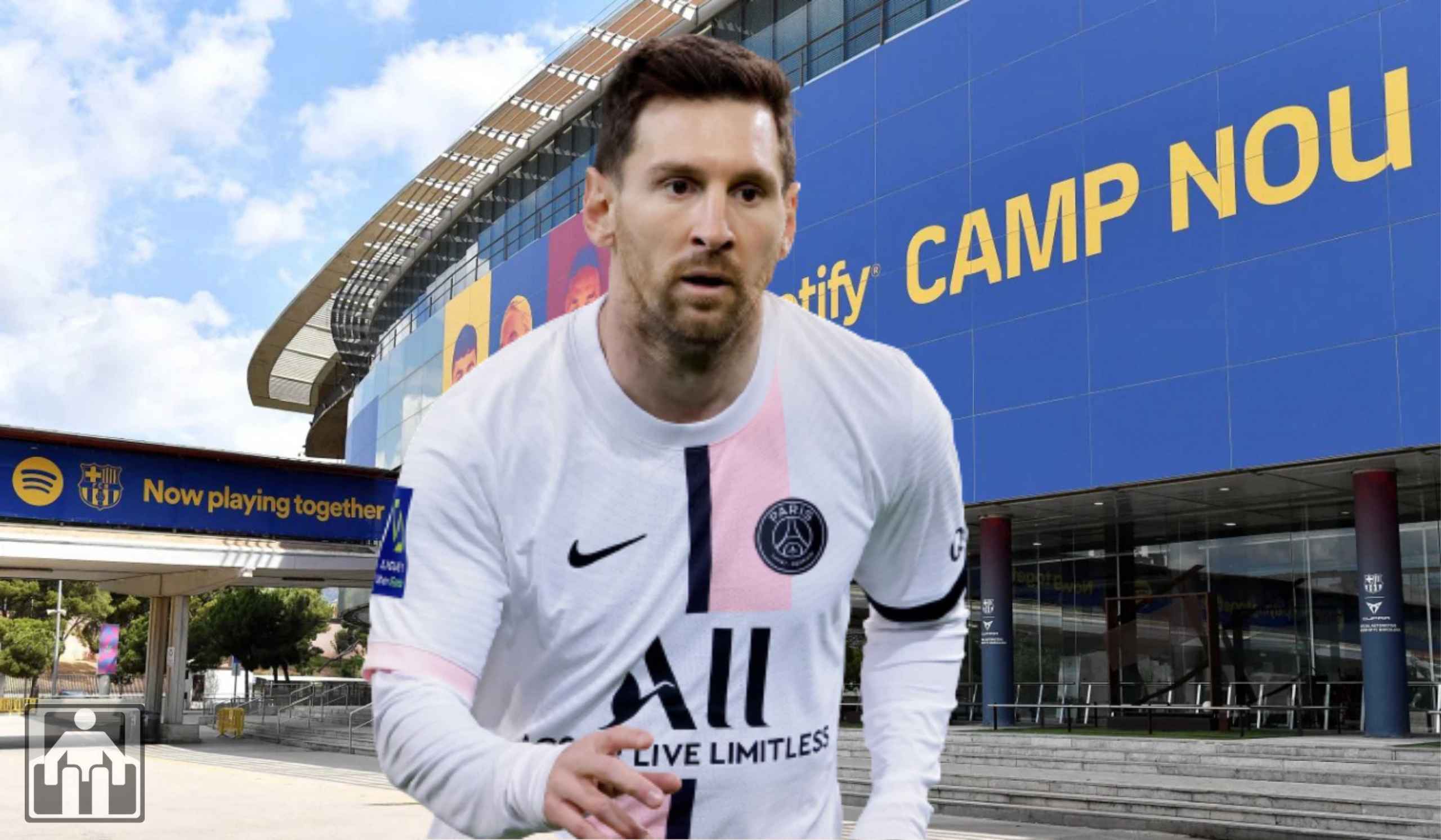  The image shows a photo of Lionel Messi wearing a Paris Saint-Germain jersey with Spotify Camp Nou stadium in the background.