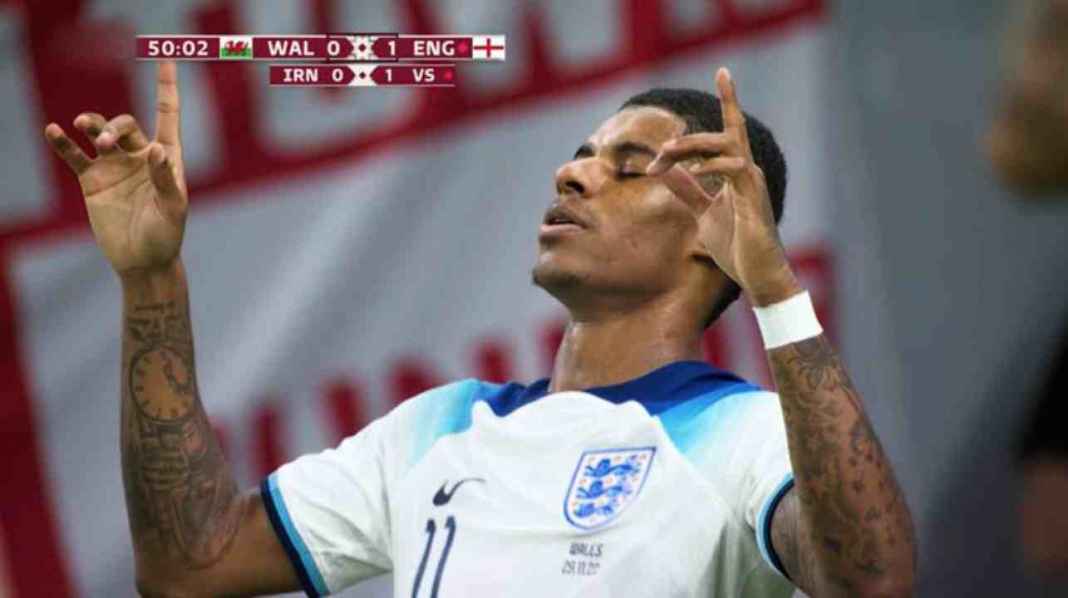 Marcus Rashford merayakan golnya bagi Timnas Inggris saat melawan Wales di matchday terakhir Grup B Piala Dunia 2022
