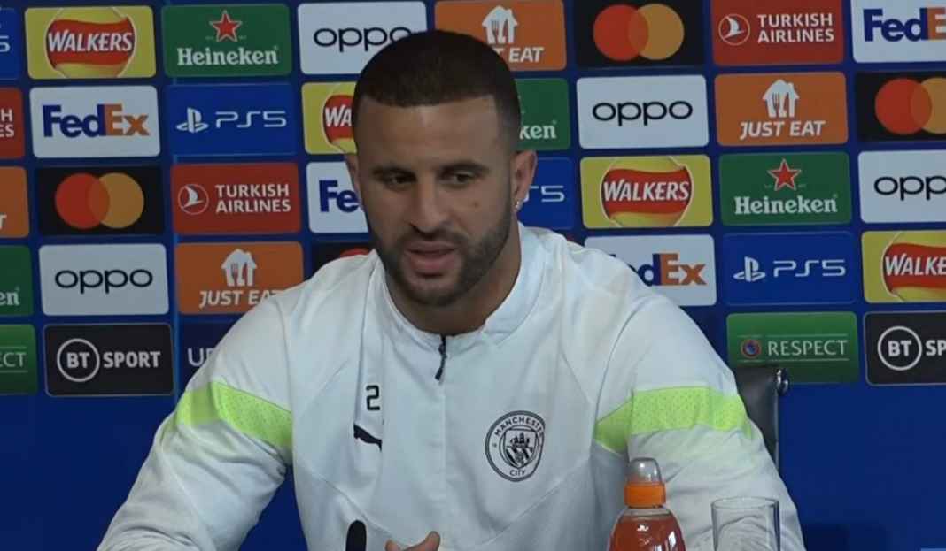 Kyle Walker dalam konferensi pers Liga Champions Kyle Walker Antusias Hadapi Real Madrid, Klaim Ilkay Gundogan Sekelas Zinedine Zidane