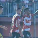 Bintang Madura United Hugo Gomes usai mencetak gol ke gawang Persik Kediri