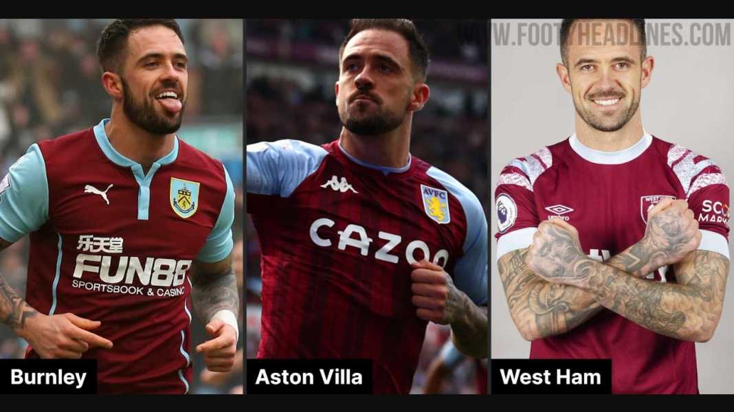 Danny Ings dengan seragam Burnley, Aston Villa dan West Ham Seragamnya Mirip-mirip, Tiga Tim Liga Inggris Ini Bisa Menipu Mata