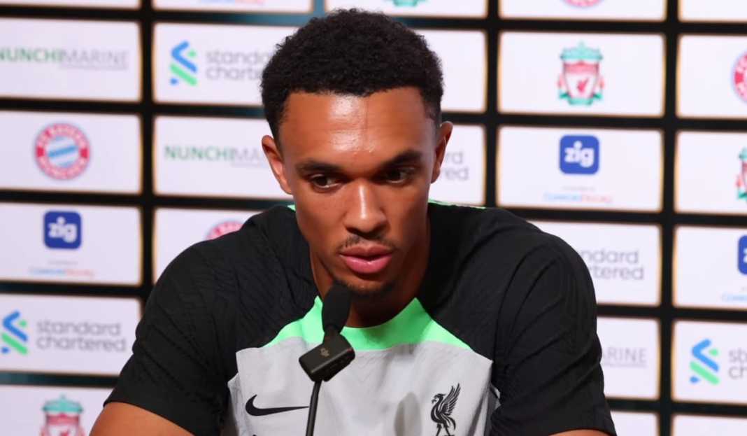 Trent Alexander-Arnold dalam konferensi pers Trent Alexander-Arnold Bangga Bukan Main Ditunjuk Jadi Wakil Kapten Liverpool