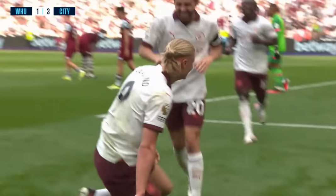 Erling Haaland rayakan gol ke gawang West Ham Prediksi Liga Champions : Manchester City vs Red Star Belgrade, Kemenangan Mudah Juara Bertahan?