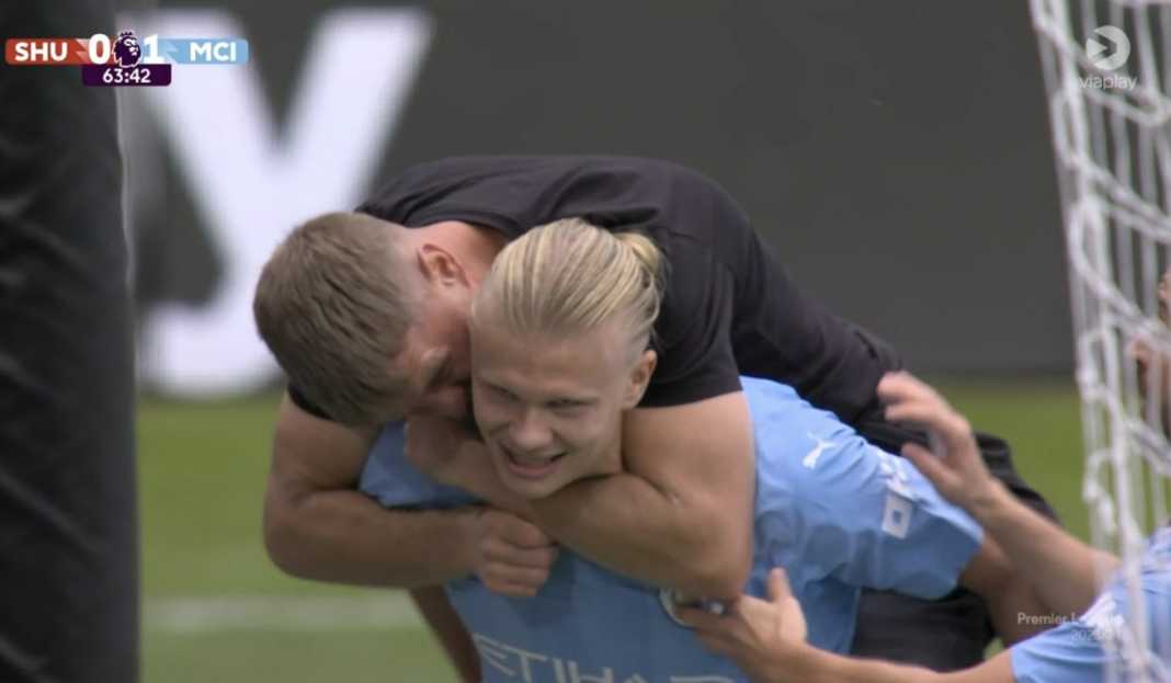 Erling Haaland saat buka skor melawan Sheffield United Prediksi Liga Inggris : Manchester City Targetkan Jaga Rekor Sempurna, Pertahankan Capolista