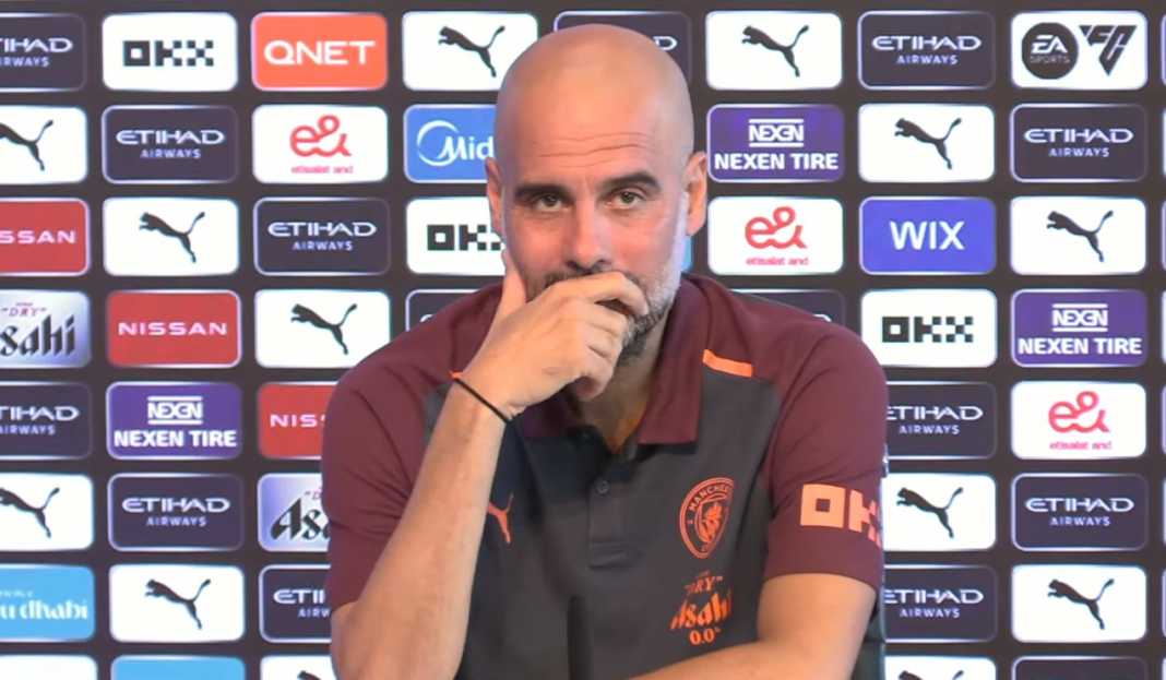 Pep Guardiola di konferensi pers Manchester City Pep Guardiola Sebut Tiga Pemain Absen Lawan West Ham, Puji Duet Haaland-Alvarez