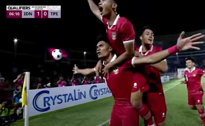 Ramadhan Sananta usai mencetak gol kedua Indonesia U23 di laga vs China Taipei U23