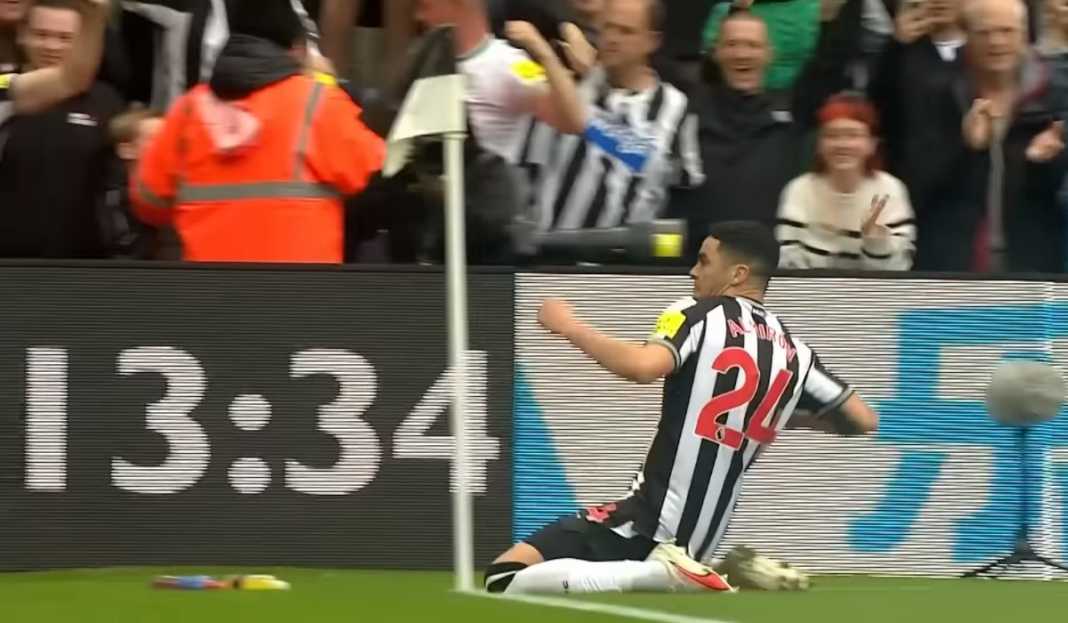 Miguel Almiron rayakan gol ke gawang Burnley Prediksi Newcastle United vs Paris Saint-Germain : Pertahanan Kuat The Magpies Diuji Serangan Dahsyat PSG