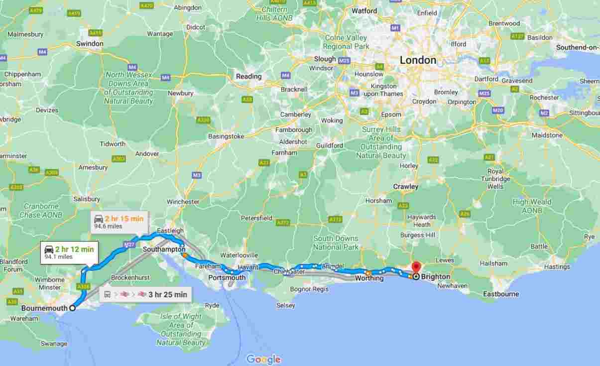 Jarak Bournemouth dan Brighton 95 mile