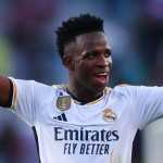 Vinicius Junior usai mencetak gol untuk Real Madrid