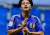 Rento Takaoka merayakan golnya bagi tim Jepang di Piala Dunia U17