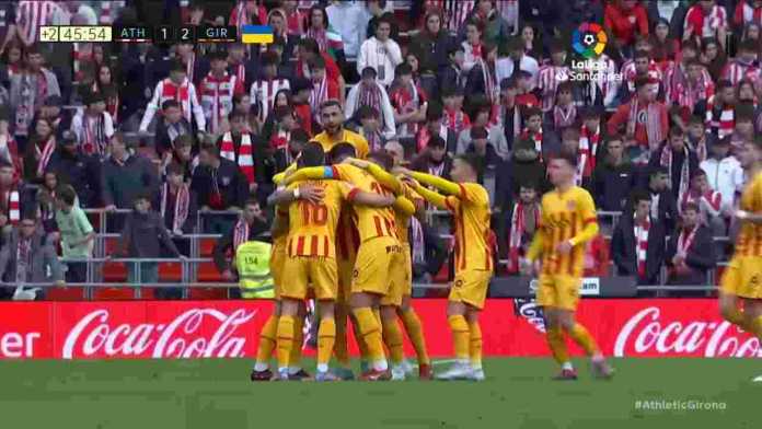 Para pemain Girona merayakan gol mereka ke gawang Athletic