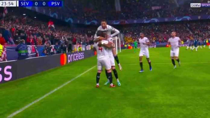 Perayaan gol Sergio Ramos ke gawang PSV