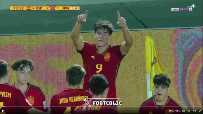 Marc Guiu usai mencetak gol kedua Spanyol kontra Jepang