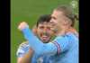 Erling Haaland dan Ruben Dias merayakan golnya bagi Manchester City