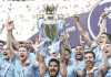 Para pemain Manchester City mengangkat trofi Liga Inggris untuk akhir musim 2022/23