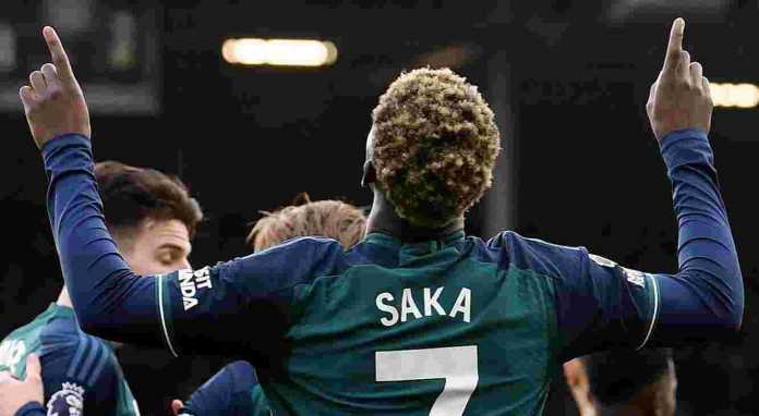 Reaksi Bukayo Saka usai membuka gol Arsenal ke gawang Fulham