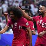 Akram Afif merayakan golnya bagi Qatar ke gawang Palestina di ajang Piala Asia 29 Januari 2024