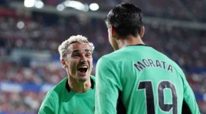 Alvaro Morata dan Antoine Griezmann merayakan gol Atletico ke gawang Granada pada laga 23 Januari 2024
