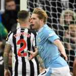 Ekspresi Kevin De Bruyne usai mencetak gol kedua Manchester City ke gawang Newcastle pada laga Liga Inggris 13 Januari 2024