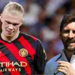 Erling Haaland dan Lionel Messi dalam sebuah pertandingan PSG vs Man City