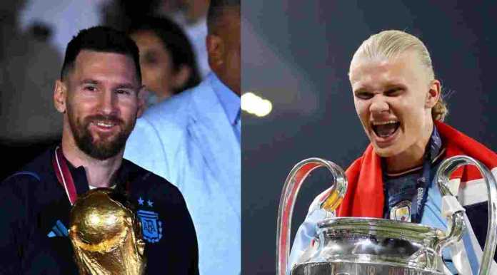 Lionel Messi dengan trofi Piala Dunia dan Erling Haaland dengan trofi Liga Champions