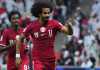 Akram Afif usai mencetak gol untuk Qatar di laga vs Lebanon