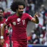 Akram Afif usai mencetak gol untuk Qatar di laga vs Lebanon