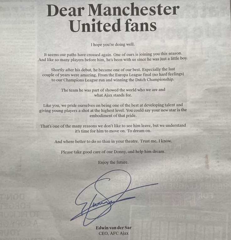 Surat terbuka dari Edwin van Der Sar kepada Fans Manchester United