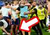 Alvaro Morata saat ditekel oleh petugas keamanan di akhir laga Spanyol vs Prancis