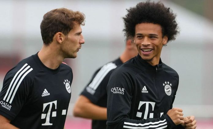 Bintang Bayern Munchen Leroy Sane dan Leon Goretzka dalam sesi latihan