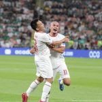 Dua bintang Indonesia Ragnar dan Witan usai terciptanya gol ke gawang Arab