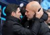 Mikel Arteta menyapa Pep Guardiola