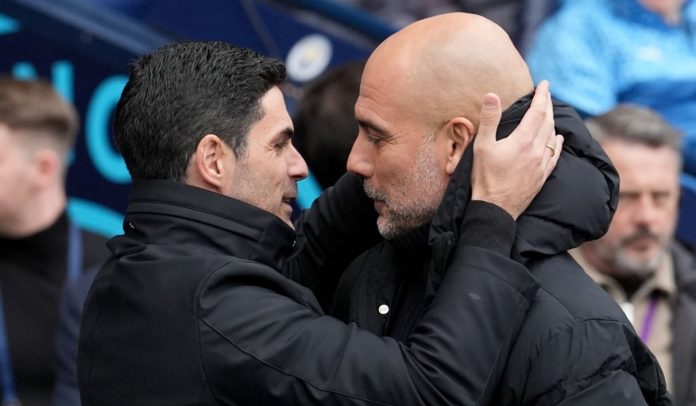 Mikel Arteta menyapa Pep Guardiola