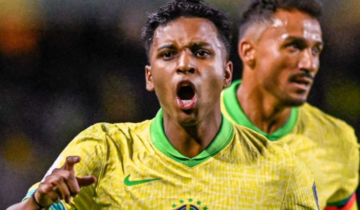 Rodrygo rayakan golnya untuk Brasil