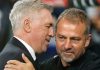 Carlo Ancelotti berpelukan dengan Hansi Flick usai laga