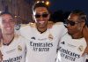 David Alaba berfoto bersama Jude Bellingham dan Lucas Vazquez