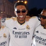 David Alaba berfoto bersama Jude Bellingham dan Lucas Vazquez