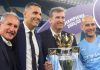 Pep Guardiola berpose untuk foto bersama trofi bersama Khaldoon Al Mubarak, Ferran Soriano, dan Aitor Txiki Begiristain