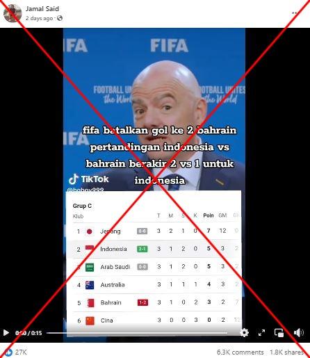 Screenshot hoaks FIFA batalkan gol Bahrain