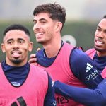 Gabriel Jesus, Kai Havertz, dan Gabriel di sesi latihan Arsenal