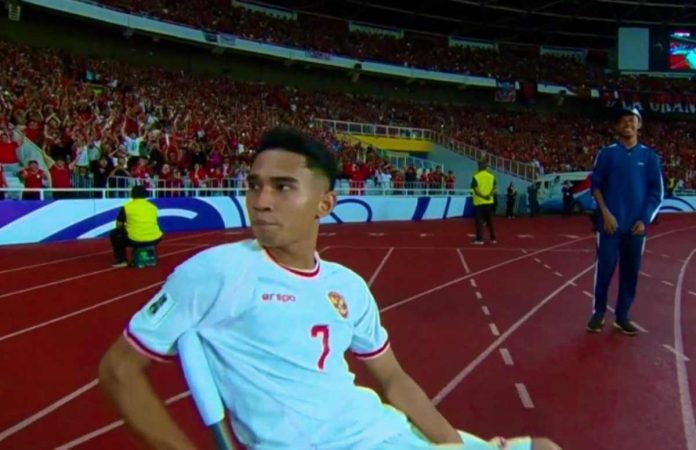 Marselino Ferdinan usai mencetak gol kedua di laga melawan Arab Saudi