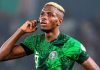 Victor Osimhen usai mencetak gol untuk Nigeria ke gawang Benin