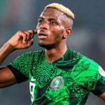 Victor Osimhen usai mencetak gol untuk Nigeria ke gawang Benin