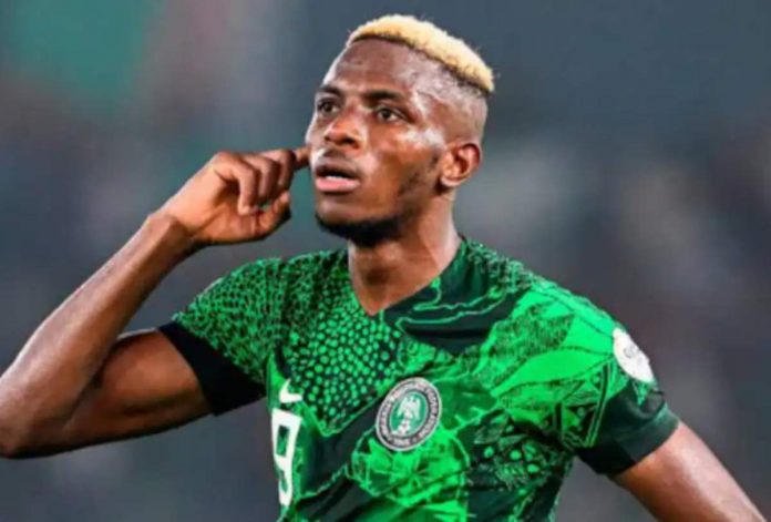 Victor Osimhen usai mencetak gol untuk Nigeria ke gawang Benin