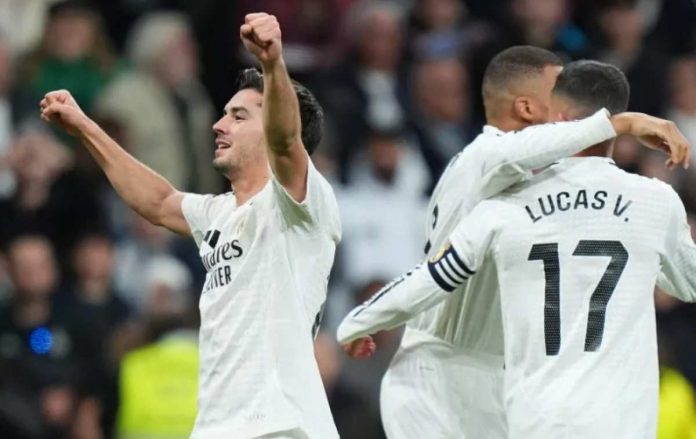 Brahim Diaz usai mencetak gol di laga Real Madrid vs Sevilla