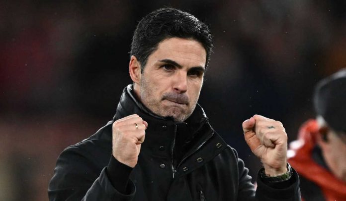 Gestur Mikel Arteta usai kemenangan atas Manchester United