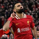 Mohamed Salah merayakan golnya ke gawang Manchester City