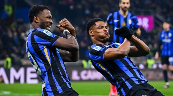 Denzel Dumfries dan Marcus Thuram pemain Inter Milan